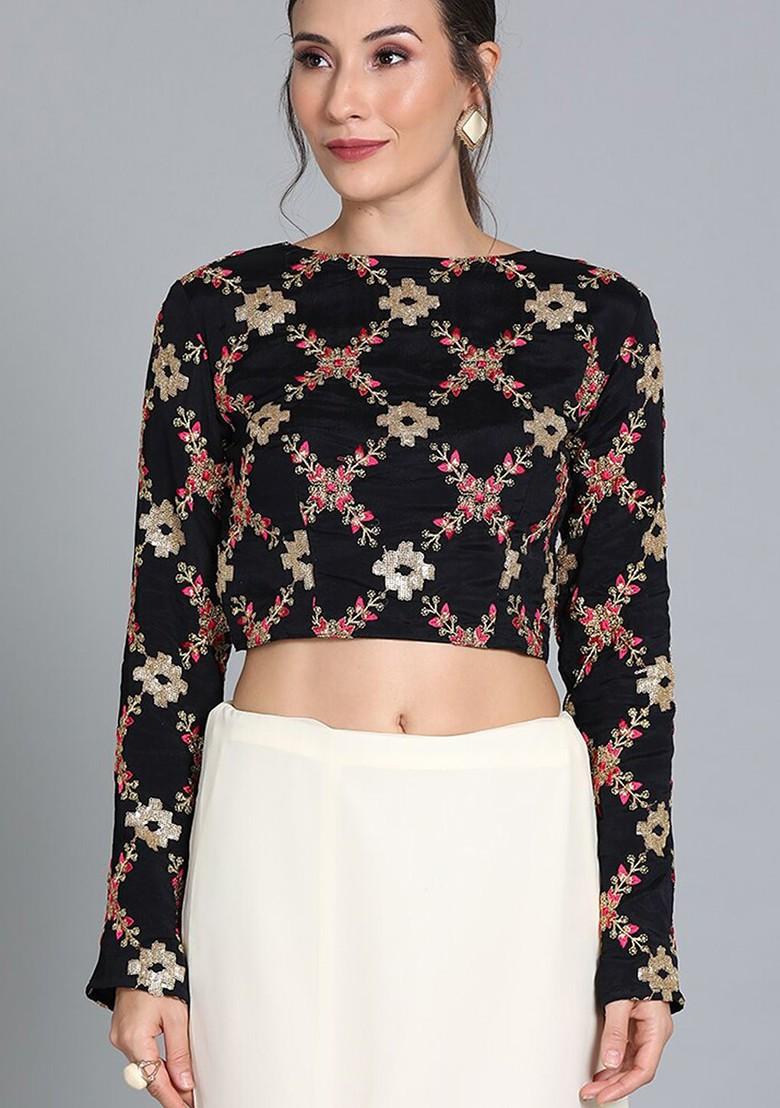 Black Embroidered Poly Blend Blouse