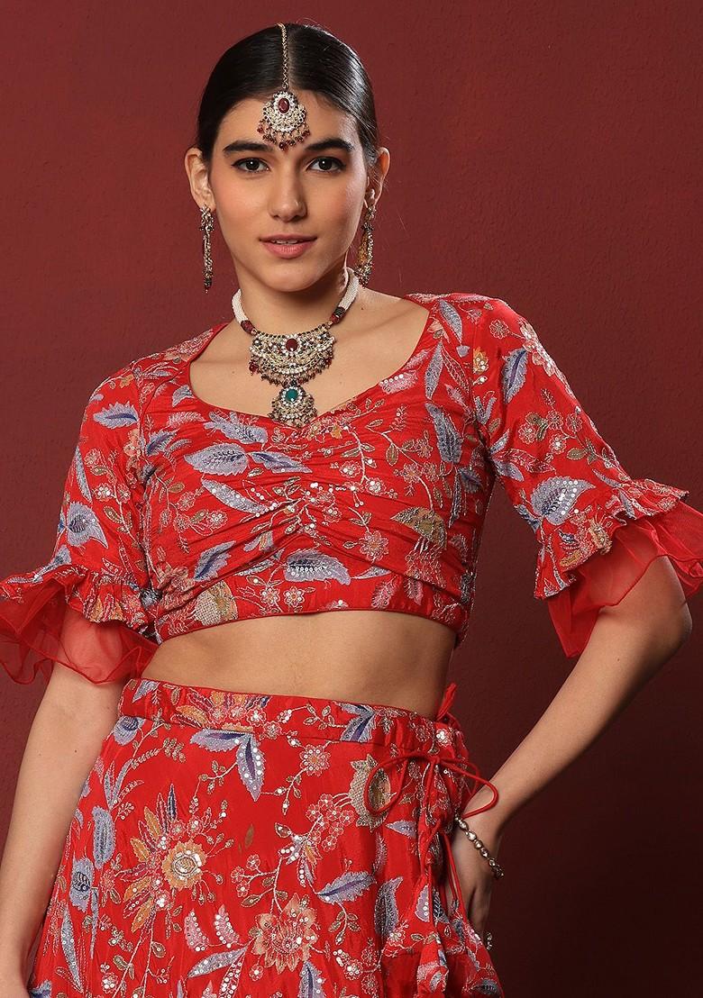 Red Floral Print Poly Blend Blouse