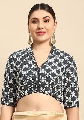 Grey Sequin Embroidered Poly Blend Blouse