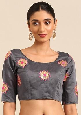 Grey Floral Embroidered Poly Blend Blouse