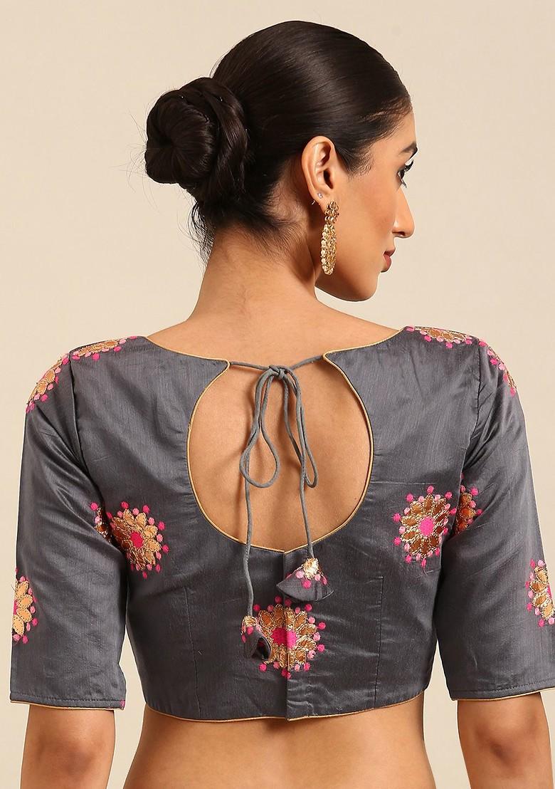 Grey Floral Embroidered Poly Blend Blouse