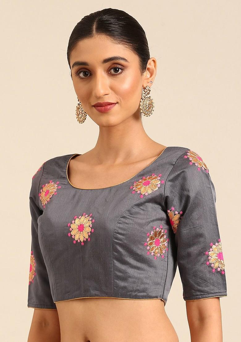 Grey Floral Embroidered Poly Blend Blouse