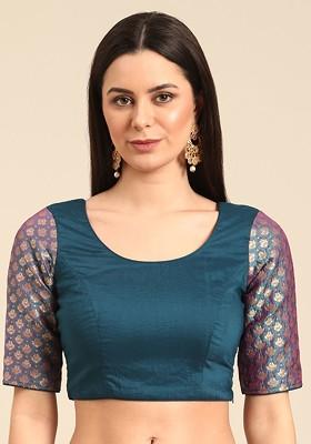 Blue Jacquard Poly Blend Blouse