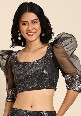 Black Sequin Embroidered Poly Blend Blouse