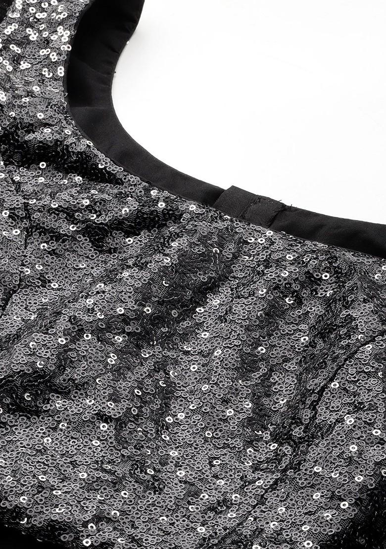Black Sequin Embroidered Poly Blend Blouse