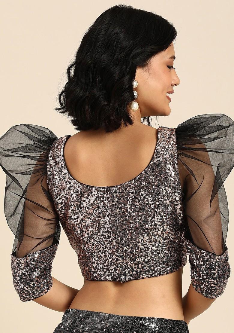 Black Sequin Embroidered Poly Blend Blouse