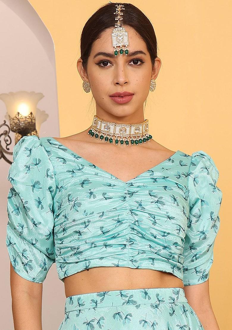 Blue Printed Poly Blend Blouse