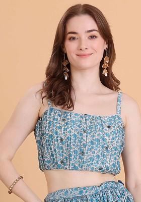 Blue Sequin Embroidered Poly Blend Blouse