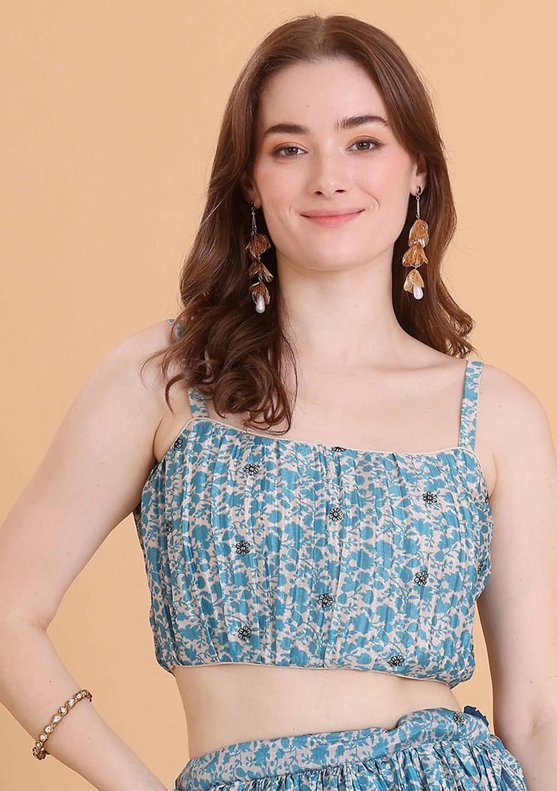 Blue Sequin Embroidered Poly Blend Blouse