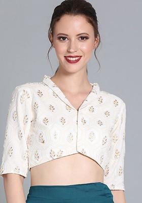 Off White Embroidered Poly Blend Blouse