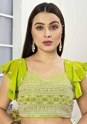 Green Sequin Embroidered Poly Blend Blouse