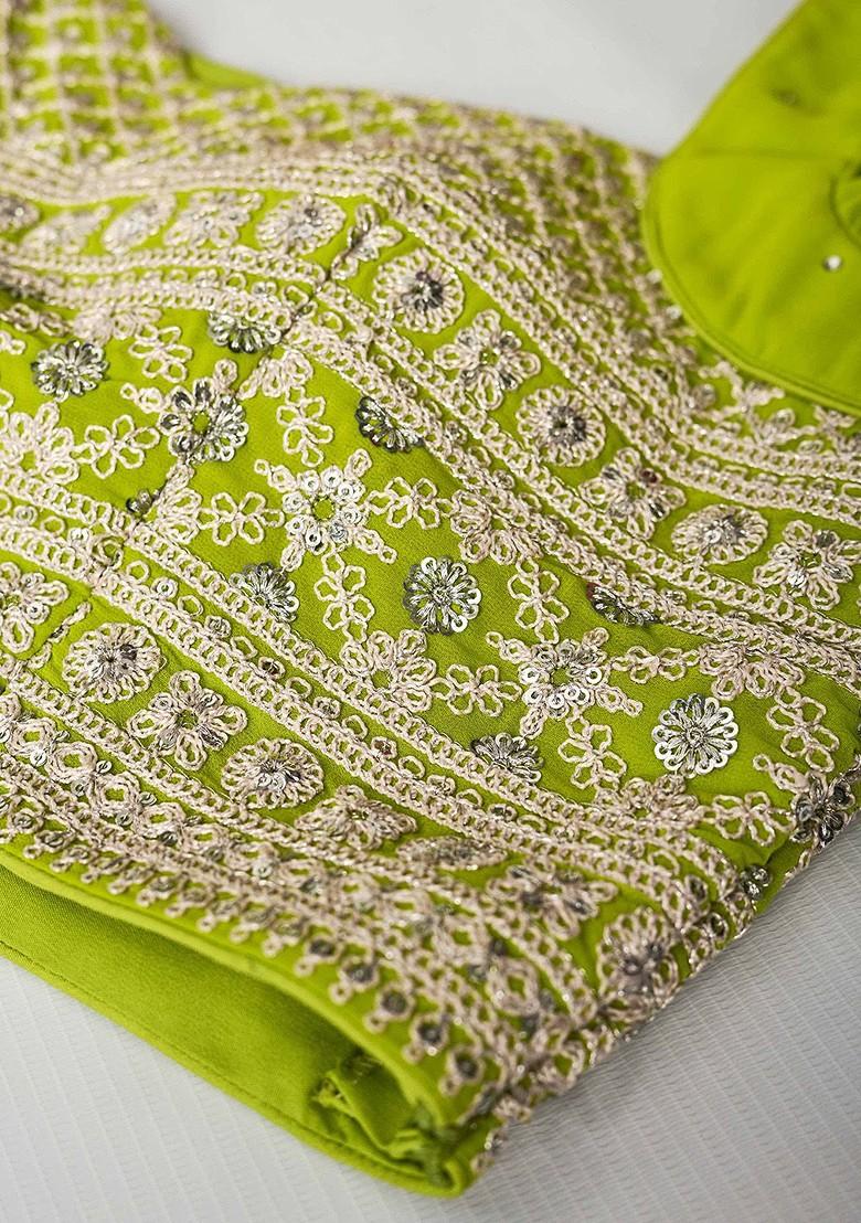 Green Sequin Embroidered Poly Blend Blouse