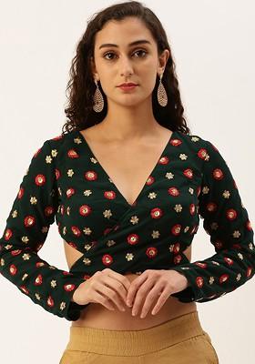 Green Thread Embroidered Poly Blend Blouse