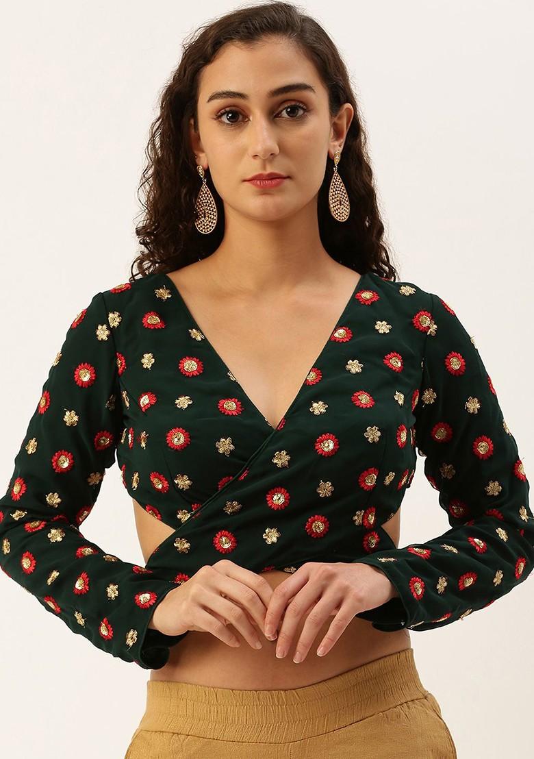 Green Thread Embroidered Poly Blend Blouse