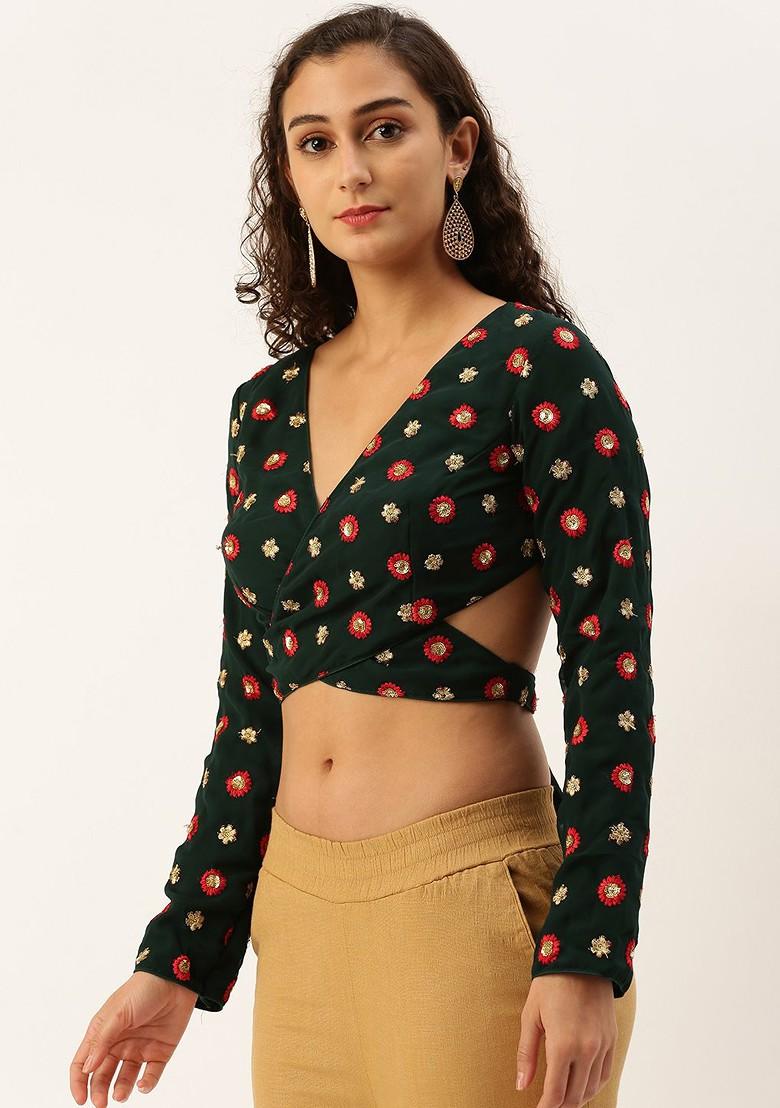 Green Thread Embroidered Poly Blend Blouse