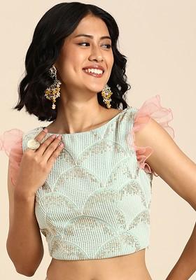 Sea Green Sequin Embroidered Poly Blend Blouse