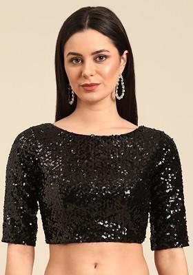 Black Sequin Embroidered Poly Blend Blouse
