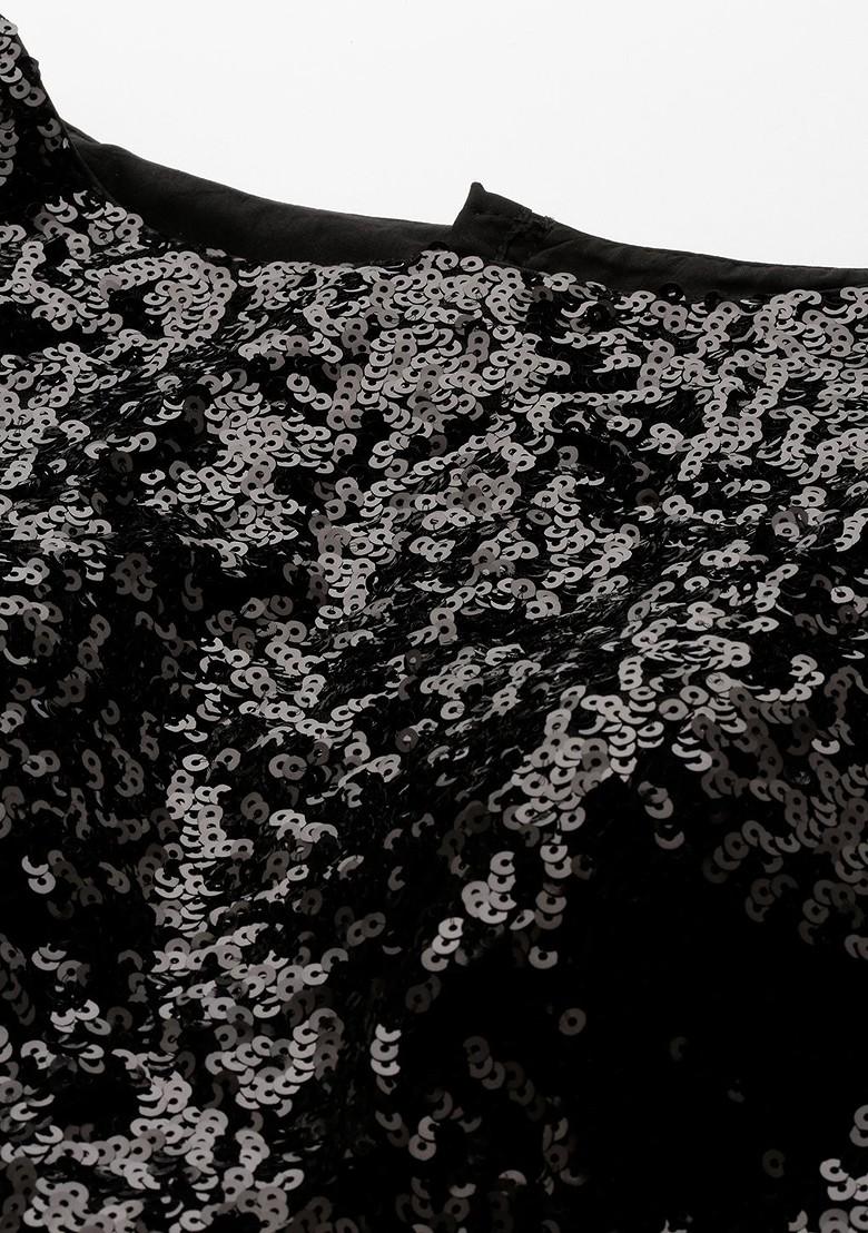 Black Sequin Embroidered Poly Blend Blouse