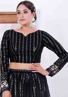 Black Sequin Embroidered Poly Blend Blouse