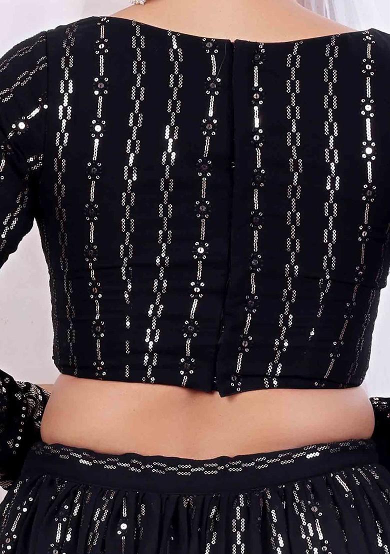 Black Sequin Embroidered Poly Blend Blouse