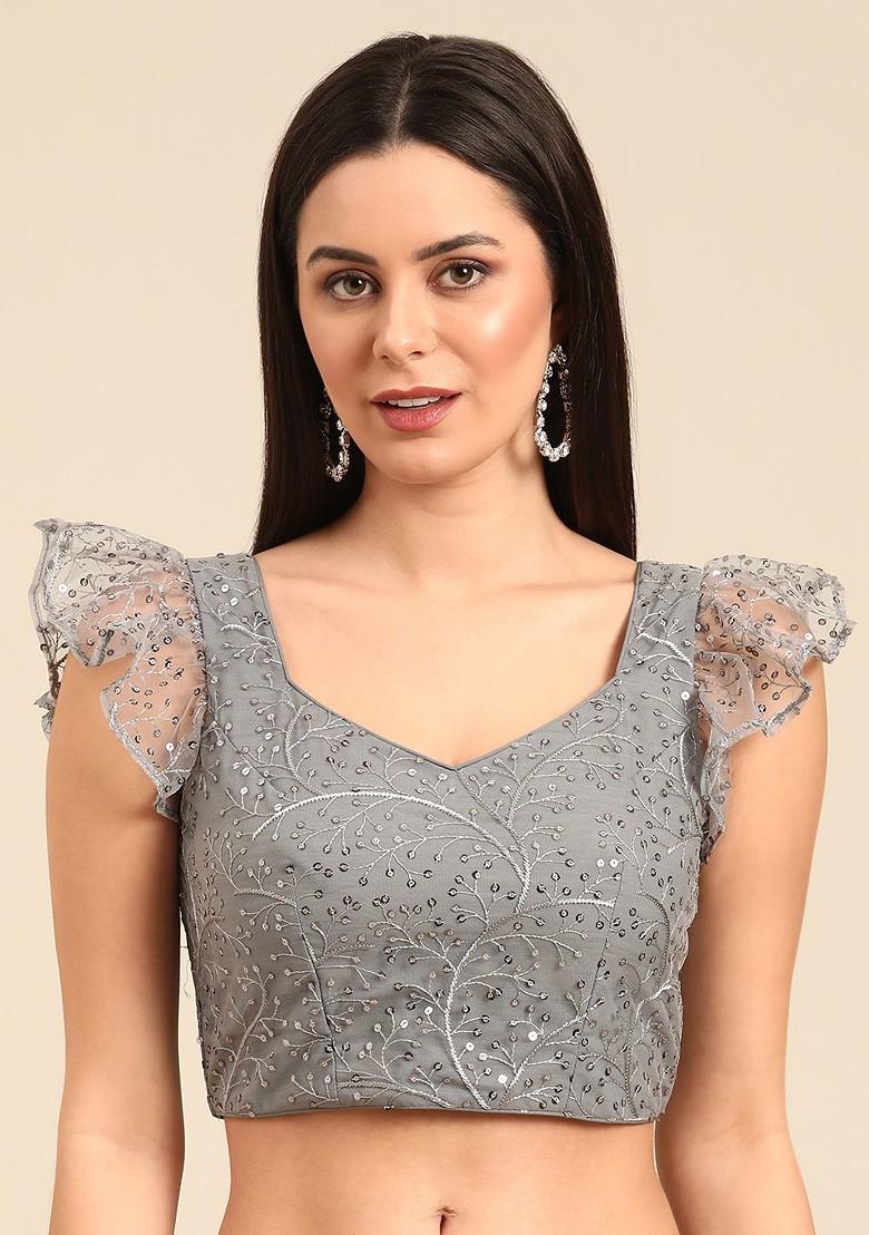 Grey Sequin Embroidered Poly Blend Blouse