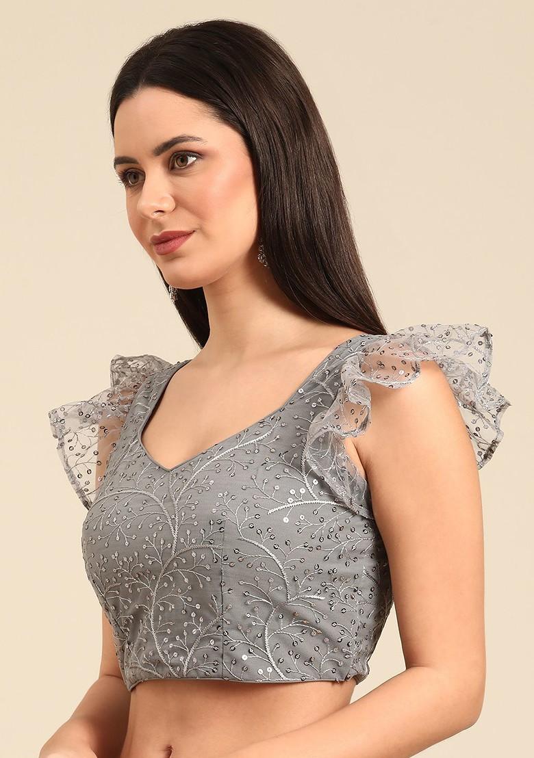 Grey Sequin Embroidered Poly Blend Blouse