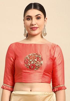 Peach Bead Embroidered Poly Blend Blouse