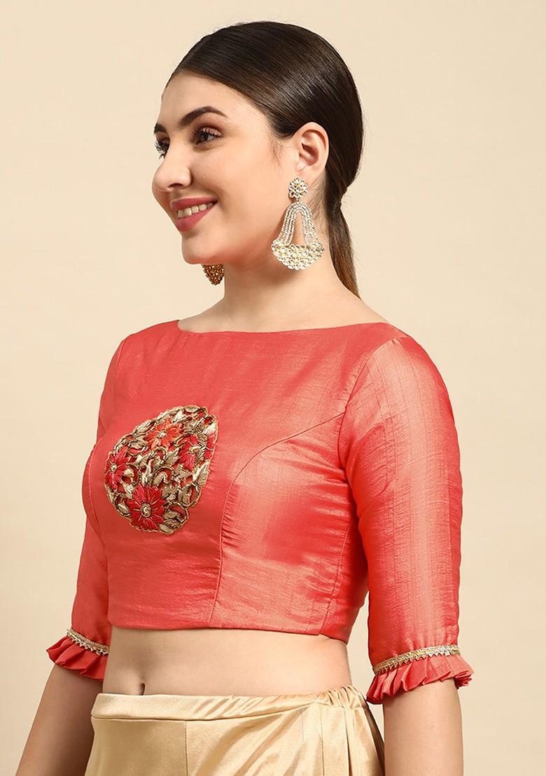 Peach Bead Embroidered Poly Blend Blouse
