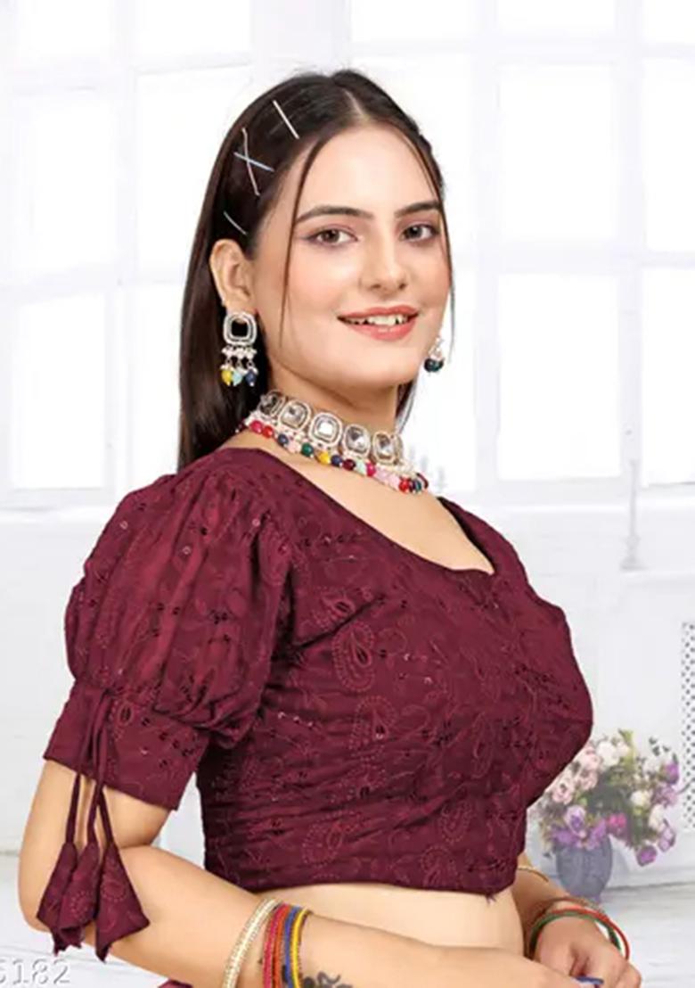 Maroon Sequin Embroidered Georgette Blouse