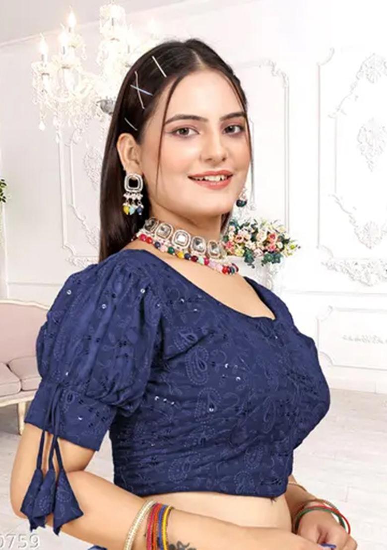 Navy Blue Sequin Embroidered Georgette Blouse