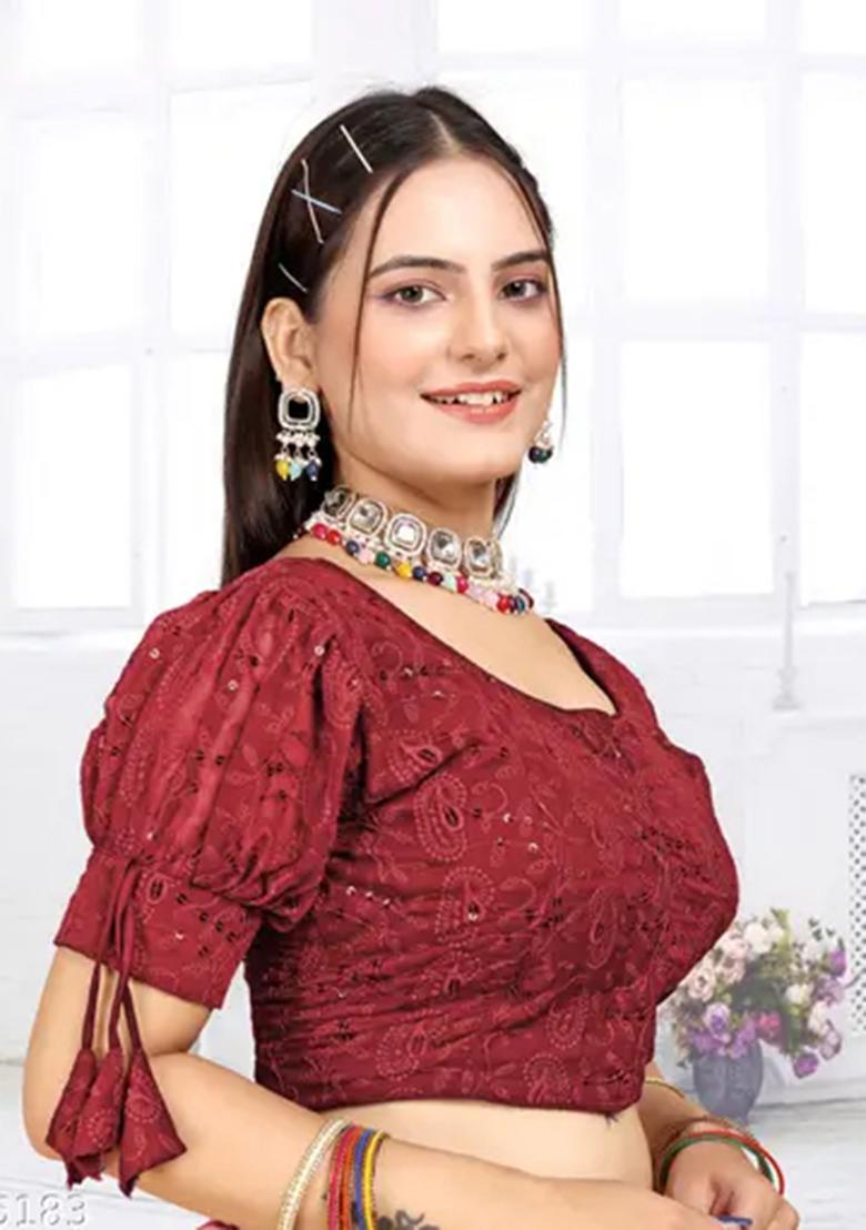 Red Sequin Embroidered Georgette Blouse