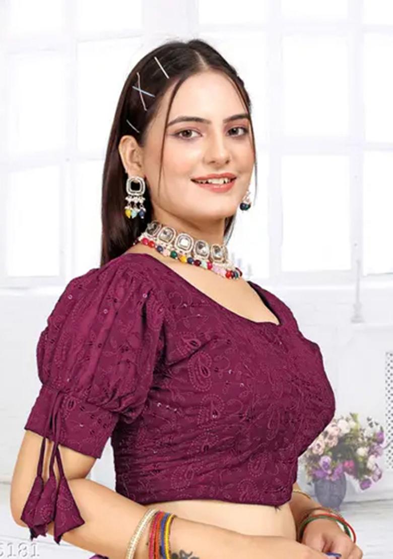 Purple Sequin Embroidered Georgette Blouse