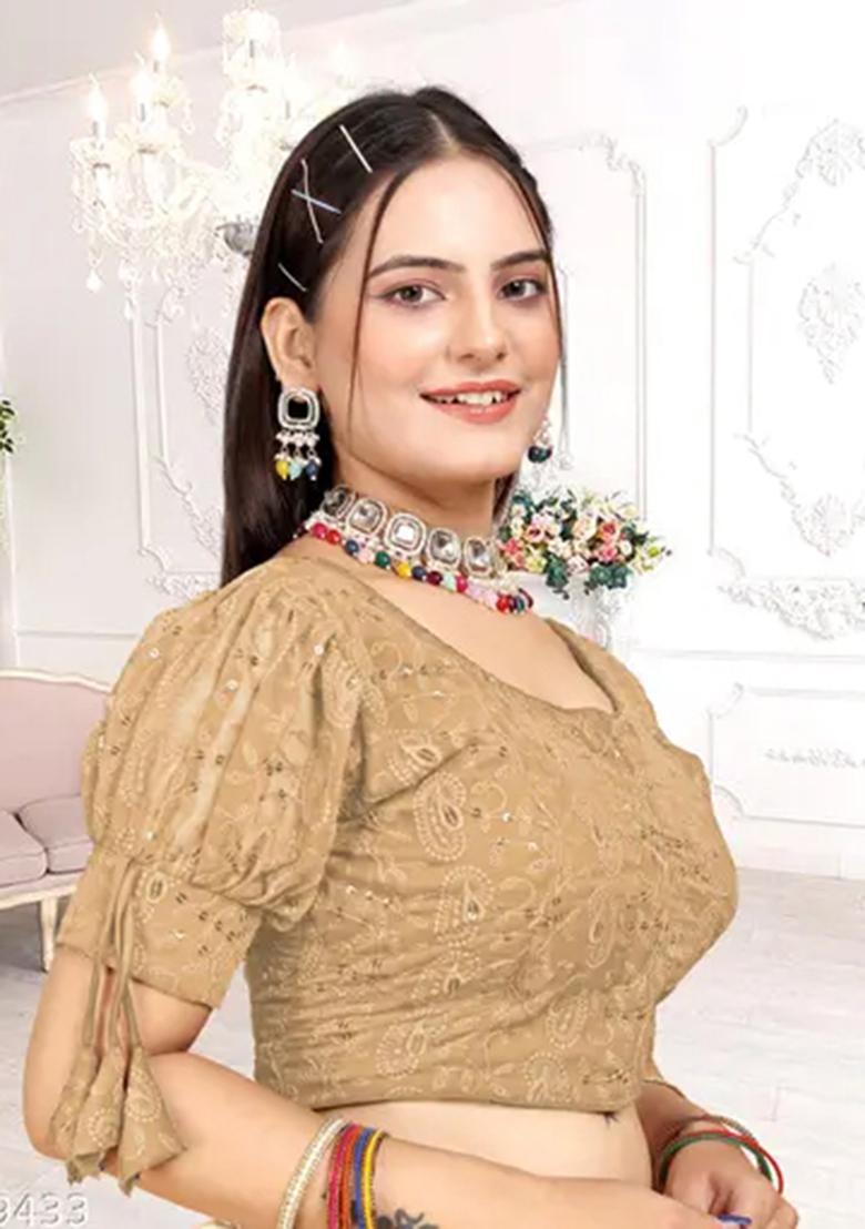 Beige Sequin Embroidered Georgette Blouse