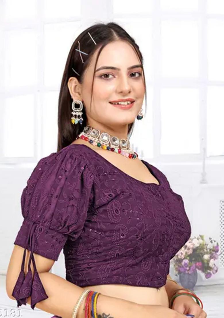 Wine Sequin Embroidered Georgette Blouse