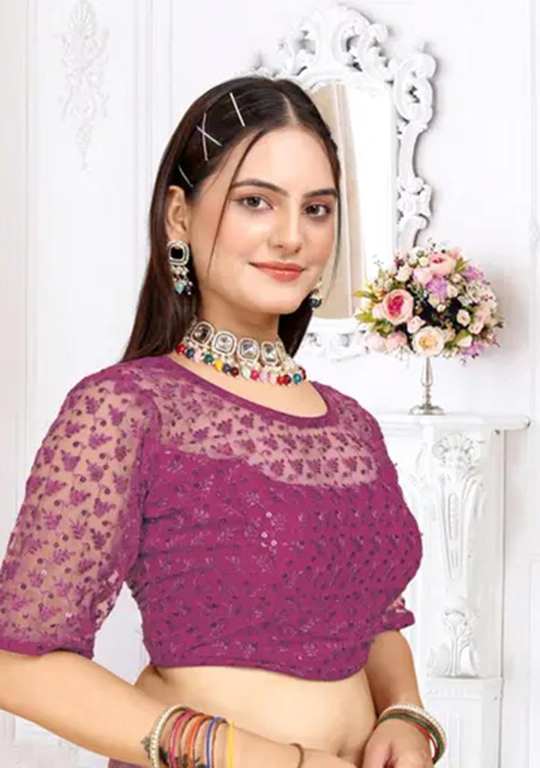 Purple Sequin Embroidered Georgette Blouse