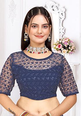 Navy Blue Sequin Embroidered Georgette Blouse