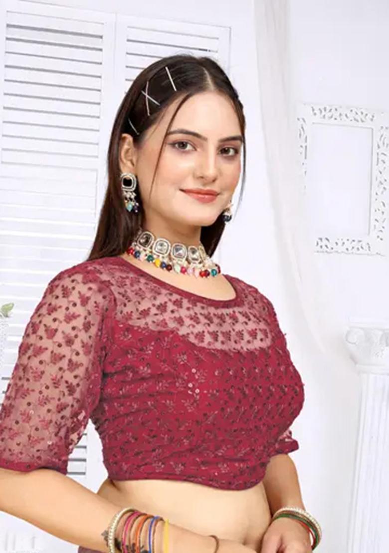 Red Sequin Embroidered Georgette Blouse