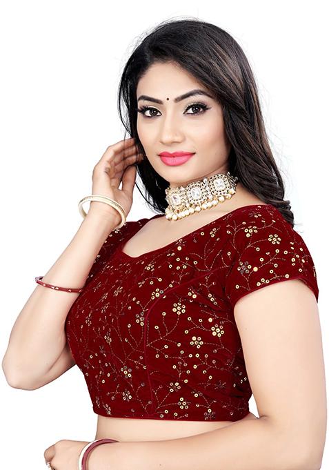 Women Maroon & Golden Sequinned Velvet Stretchable Blouse