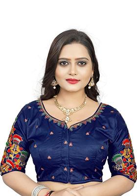 Navy Blue Embroidered Satin Blouse