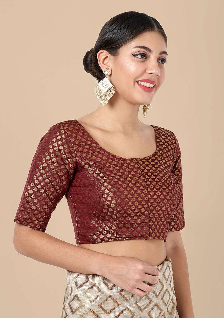 Maroon Zari Work Art Silk Blouse - Indya