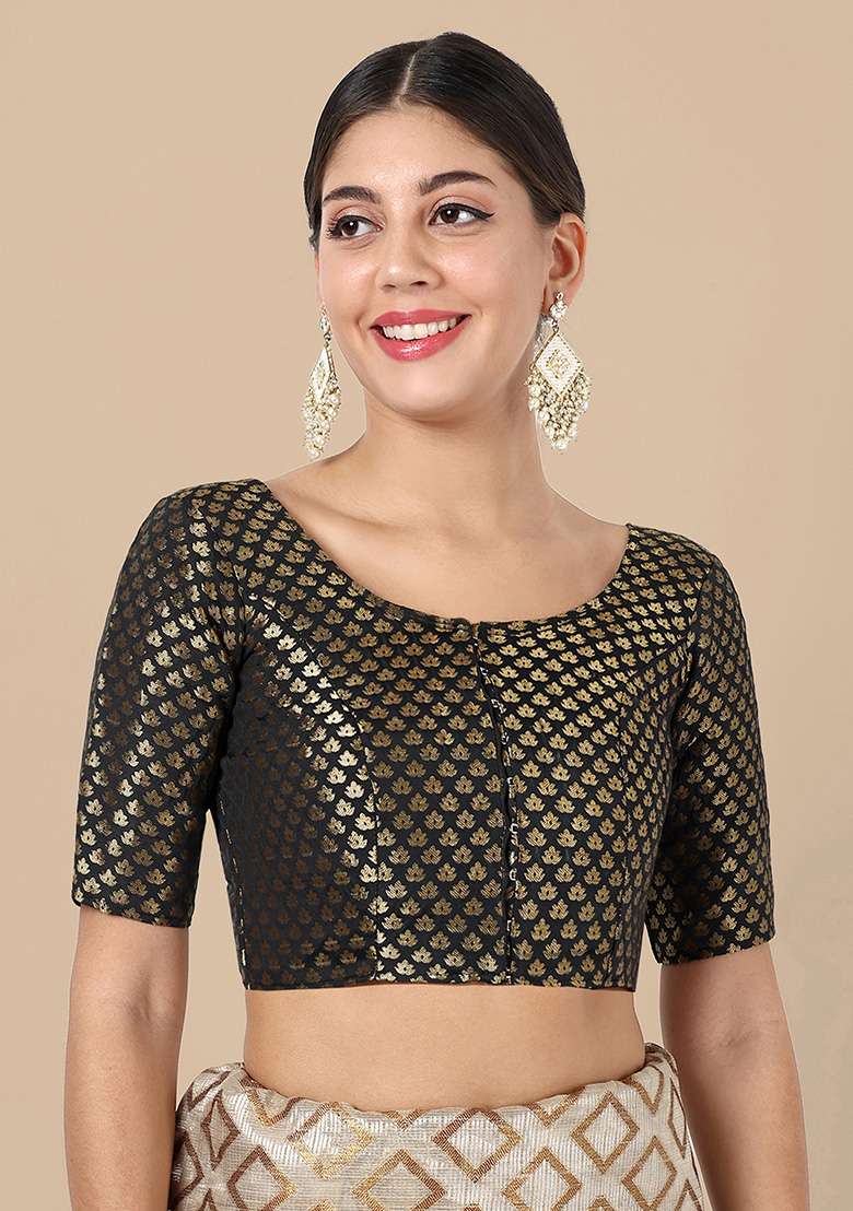 Black Zari Work Art Silk Blouse - Indya