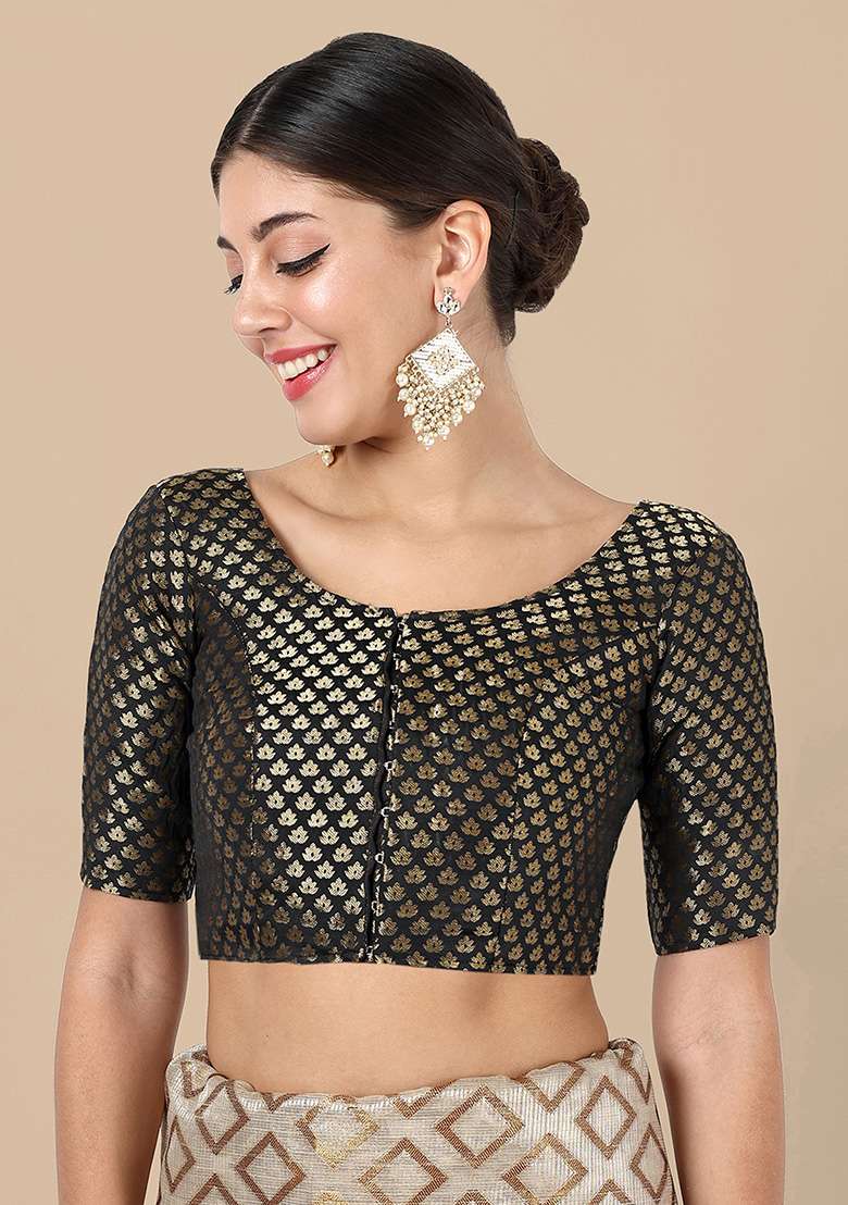 Black Zari Work Art Silk Blouse - Indya