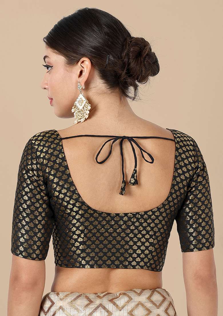 Black Zari Work Art Silk Blouse - Indya