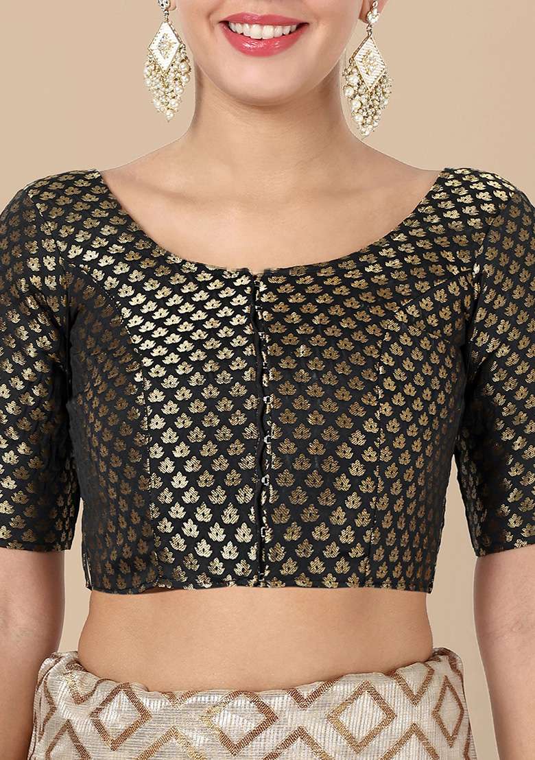 Black Zari Work Art Silk Blouse - Indya