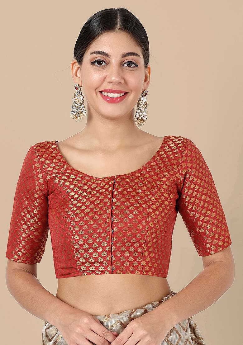 Red Zari Work Art Silk Blouse - Indya
