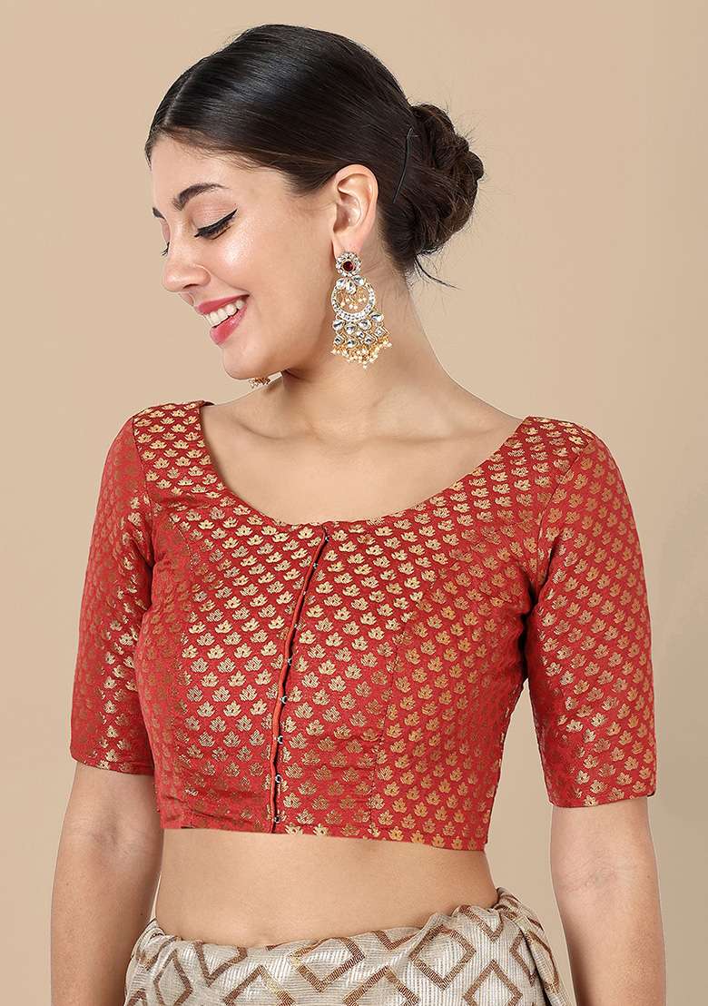 Red Zari Work Art Silk Blouse - Indya