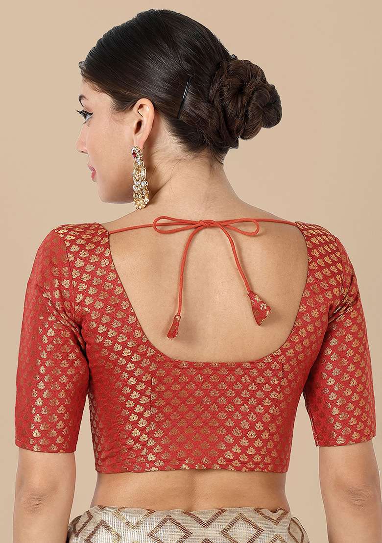 Red Zari Work Art Silk Blouse - Indya