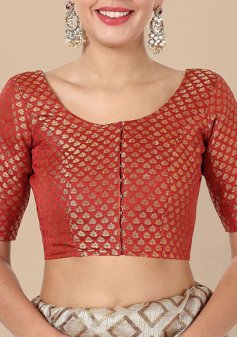 Red Zari Work Art Silk Blouse - Indya