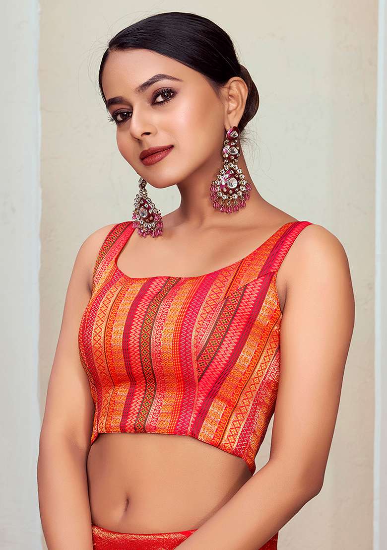 Orange Zari Work Art Silk Blouse - Indya