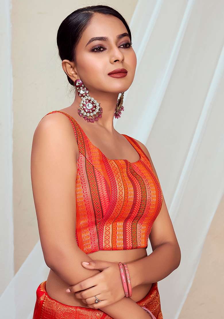Orange Zari Work Art Silk Blouse - Indya